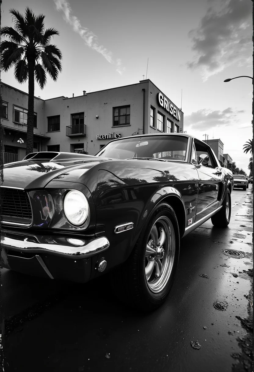A nostalgically crafted relic of the past, a meticulously restored deep Monochrome pearlescent classic 60's muscle car cruises through the dusk streets with an intimidating elegance. The vintage vehicle gleams with a lustrous sheen, showcasing its aerodynamic lines and sharp accents as it cruises along the asphalt. This evocative scene is captured in a vividly detailed oil painting, where every brushstroke highlights the car's classic styling and pristine condition. Impeccably rendered, this image transports viewers to a bygone era of automotive luxury and style. secretlab, black and white