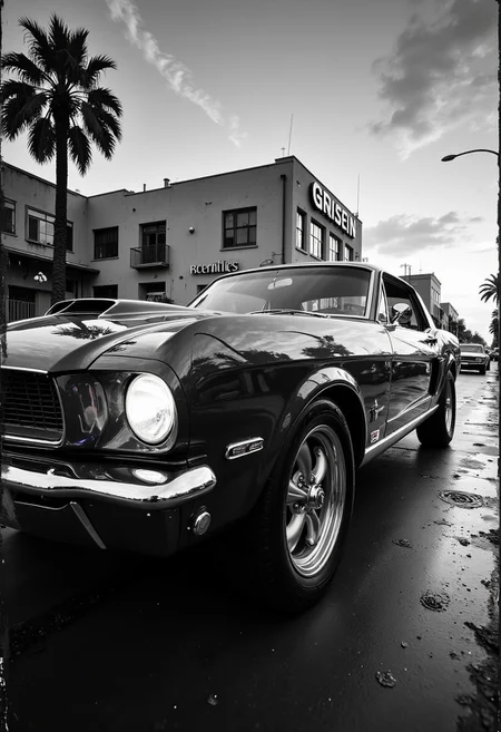 A nostalgically crafted relic of the past, a meticulously restored deep Monochrome pearlescent classic 60's muscle car cruises through the dusk streets with an intimidating elegance. The vintage vehicle gleams with a lustrous sheen, showcasing its aerodynamic lines and sharp accents as it cruises along the asphalt. This evocative scene is captured in a vividly detailed oil painting, where every brushstroke highlights the car's classic styling and pristine condition. Impeccably rendered, this image transports viewers to a bygone era of automotive luxury and style. secretlab, black and white