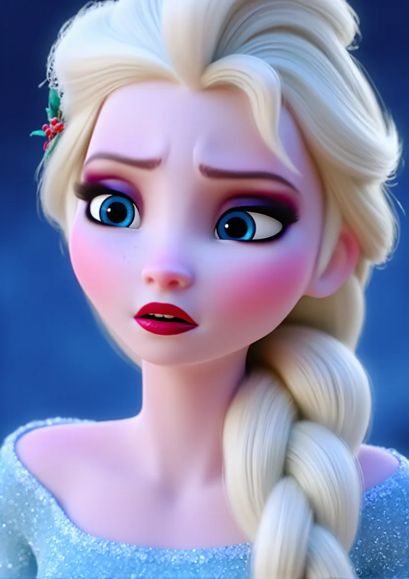 masterpiece,4k studio photo quality,clear photo,ultra detail skin,single braid,elsa \(frozen\), Elsa's Sparkling Blue Dress, A close up of a frozen princess with blonde hair and braid on the right side. She has blue eyes, red lipstick, eyebrows, lips, nose and her arms are open and she is wearing a light blue outfit , <lora:Elsa-Flux:1>ï¼