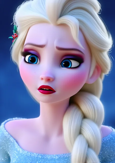 masterpiece,4k studio photo quality,clear photo,ultra detail skin,single braid,elsa \(frozen\), Elsa's Sparkling Blue Dress, A close up of a frozen princess with blonde hair and braid on the right side. She has blue eyes, red lipstick, eyebrows, lips, nose and her arms are open and she is wearing a light blue outfit , <lora:Elsa-Flux:1>ï¼