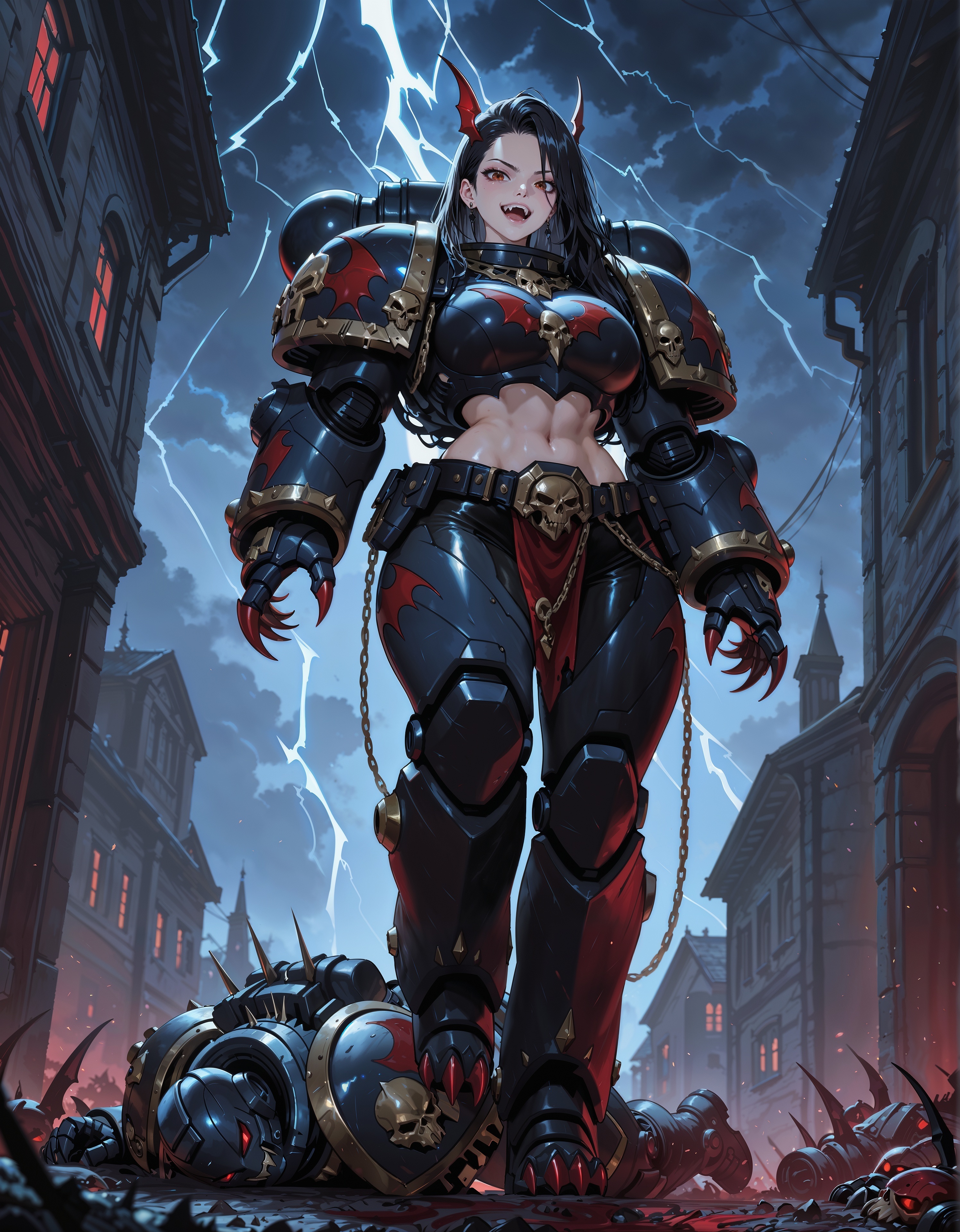 masterpiece, best quality,high quality, newest, highres,8K,HDR,absurdres, NightL40K, 1girl, black hair, power armor, midriff, chains, claws, lightning, vampire, red eyes, fangs, stepping on a corpse,  <lora:ILLNightL40K:1>