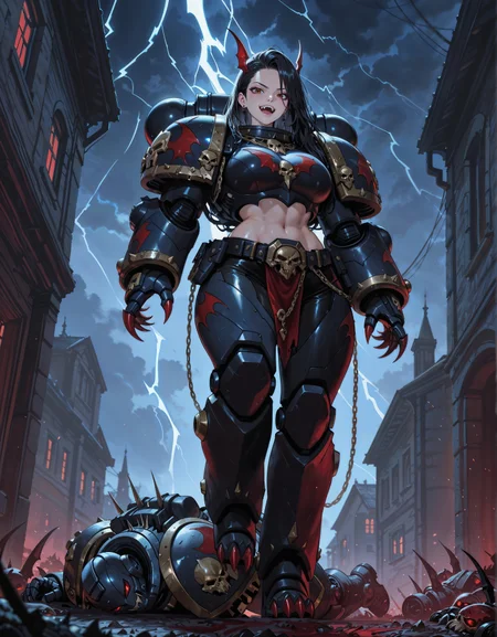 masterpiece, best quality,high quality, newest, highres,8K,HDR,absurdres, NightL40K, 1girl, black hair, power armor, midriff, chains, claws, lightning, vampire, red eyes, fangs, stepping on a corpse, <lora:ILLNightL40K:1>