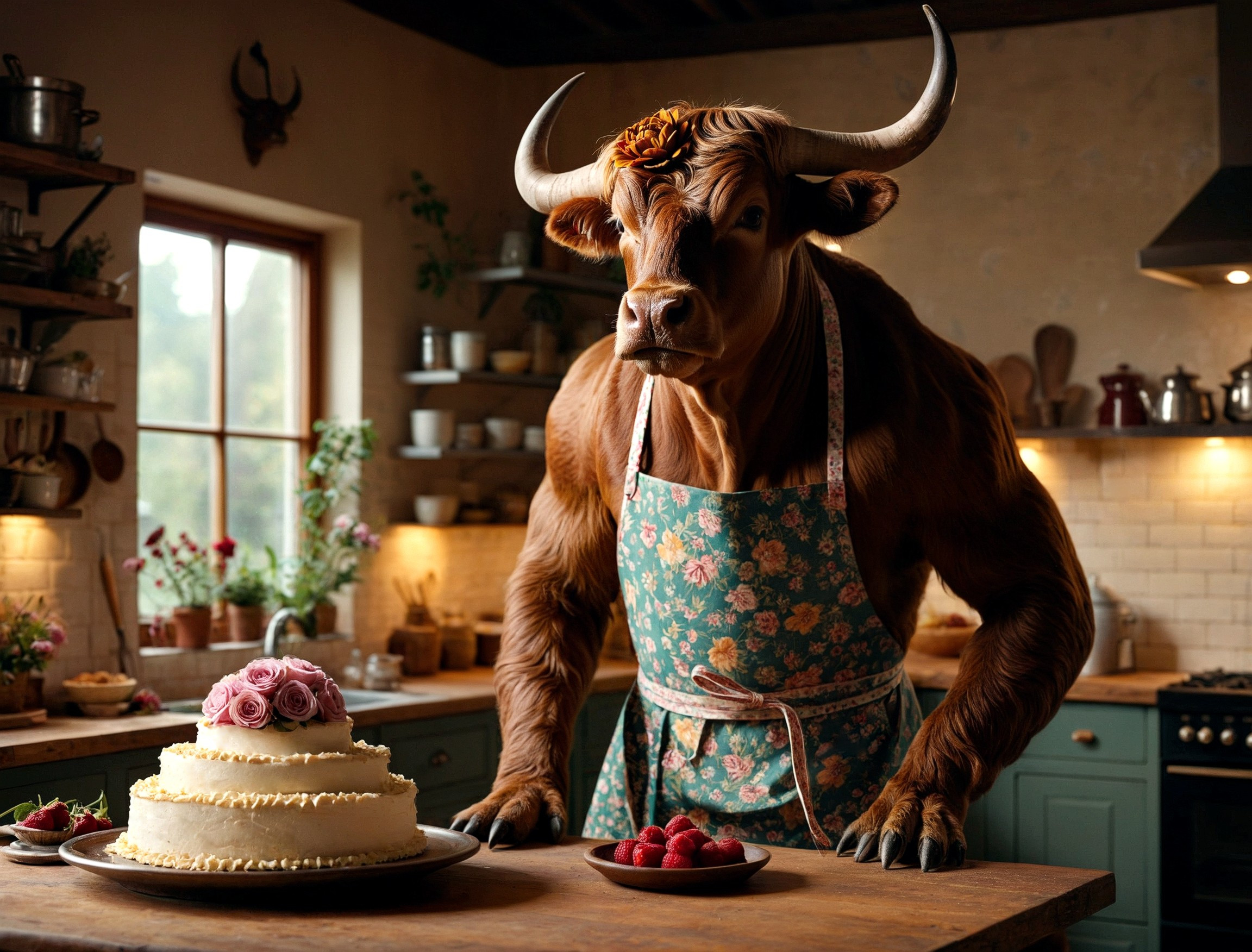((A minotaur humanoid/bull hybrid  monster)) in a kitchen (wearing a frilly apron with a flower pattern on it) , mixing a cake batter bowl with a whisk, a vase of flowers beside him, studio lighting, looking at the camera cinematic photorealistic, 8k uhd natural lighting, raw, rich, intricate details, key visual, atmospheric lighting, 35mm photograph, film, bokeh, professional, 4k, highly detailed, cinematic, colorful background, 8k, dramatic lighting, highly detailed, hyper realistic, intricate, intricate sharp details