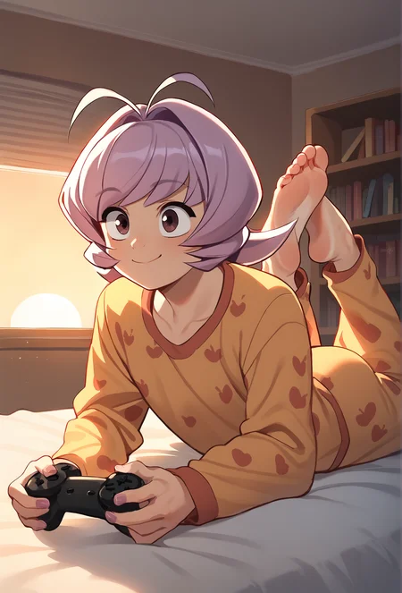 score_9, score_8_up, score_7_up, score_6_up, score_5_up, score_4_up, indoors, bedroom, sunset, evening, bookshelf, bed BREAK
<lora:osana_najimi_ponyxl_resized:1>osananajimi, 1other, androgynous, solo, on stomach, feet up, feet, pajamas, game controller, smile <lora:Styles for Pony Diffusion V6 XL (Smooth Anime 2):1>