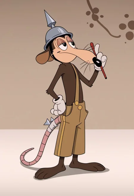 score_9, score_7_up, (masterpiece, extreme detail, best quality), solo focus, male, Werner Werman, mouse, black eyes, brown fur, whiskers, pointy nose, spiked helmet, rat tail, light brown overalls, lederhosen, grey footwear, perfect hands, white gloves, cartoon gloves, full-length portrait, skinny, petite, standing, smile, half-closed eyes, smug, flirty pose, source_photo, source_furry, extremely detailed, pattern background, shadow, shading, hyperrealistic, bandaged tail