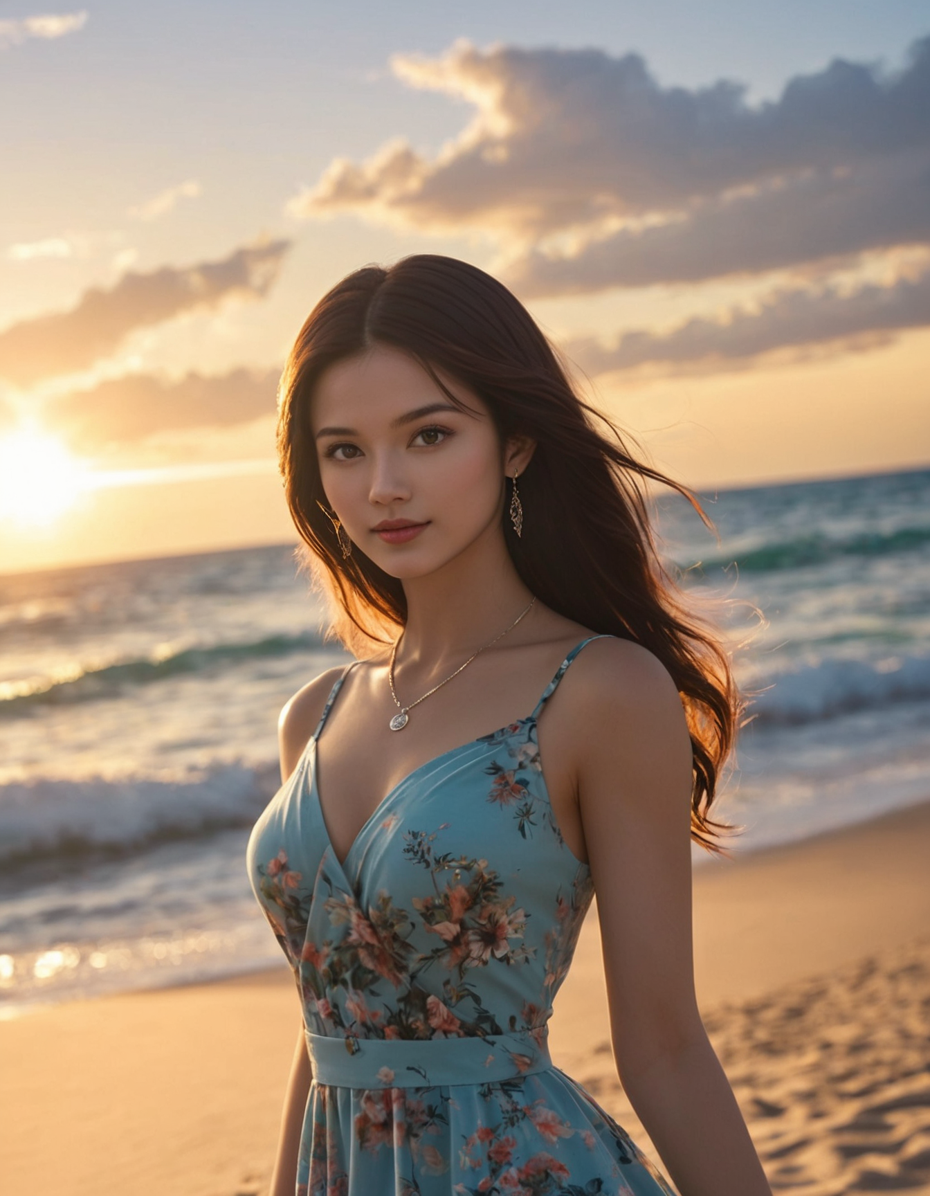 score_9, score_8_up, score_7_up, realistic, 1girl, 
dynamic angle,
22yo woman, beautiful, sweet, upper body, necklace, earrings, intricate hairstyle,
high fashion, fashion shoot, fashion photography,
summer dress, beach, windy, sunset, breeze,
bokeh, lens flare,
high contrast,
cinematic still, highly detailed, hires, photorealistic, dramatic lighting, rim light, dynamic pose,
<lora:ccbelle_v1:0.5>