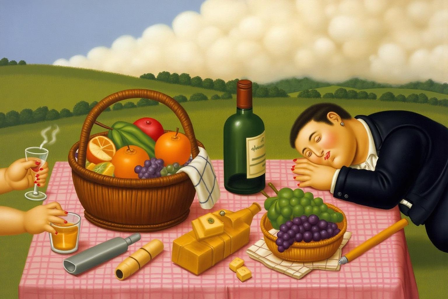 fernandobotero1 painting.
A picnic scene on a pink and white checkered tablecloth spread on the ground. In the foreground, there is a wicker basket filled with fruits including oranges, apples, and grapes. On the left is a pair of hands holding a glass and a cigarette. On the right is a man taking a nap with his head on the tablecloth. A gentle hill and a large white cloud are in the background.
 <lora:fernandobotero1_cap_d6a3e7:1.0><lora:840272616162882314:0>