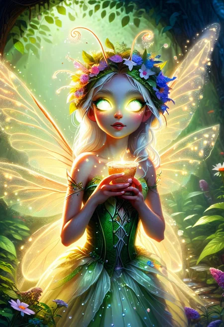 Glimmerborn, a small fairy covered in flowers, drinking a dew drop from a leaf