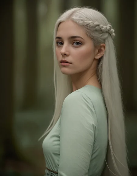 macro shot of a beautiful young woman as elven princess in dryad glade, zavy-cnmtc, atmospheric haze, dynamic lighting, cinematic still, pale skin, movie screencap, (freckles), contemplative, smirk, piercing green eyes, high ponytail, extremely long hair, sleek hair, white hair, portrait, dynamic pose, 100mm f/2.8 macro lens, sleek hair,
