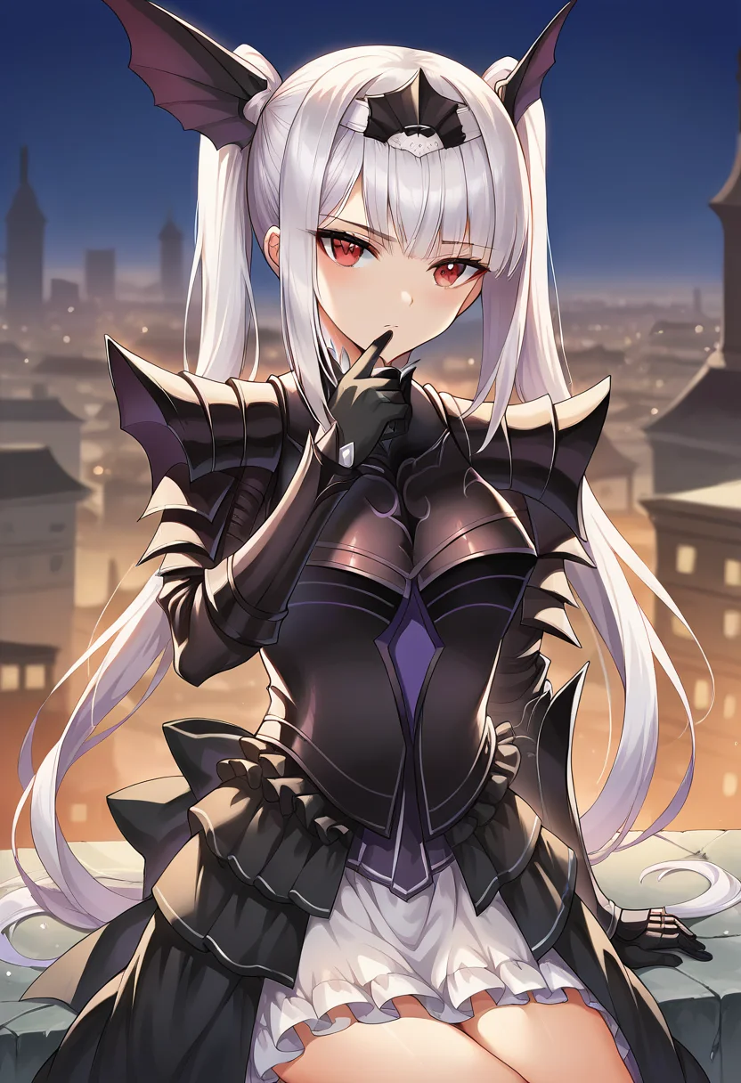 score_9, score_8_up, score_7_up, source_anime, masterpiece, 1girl, ctianexc3lla, red eyes, dress, armor, pauldrons, vambraces, black gloves, frilled skirt, frilled sleeves, outdoors, city, day, sunny, depth of field, looking at viewer, cowboy shot, hand up, hand on chin, sitting, <lora:Excella_Noa_Aura_pony_ct:0.8>