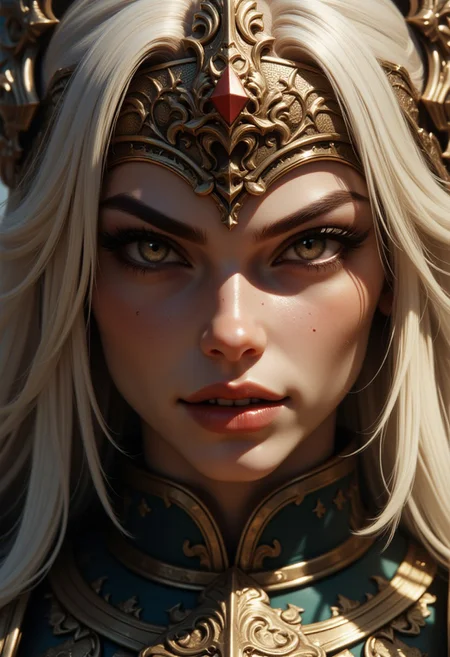 hkstyle, G0thicL1nes, holy armor, photorealistic extreme closeup image of the face of a stunning oriental warrior princess, flowing blonde hair, circlet, fierce expression, dark eyeshadow,