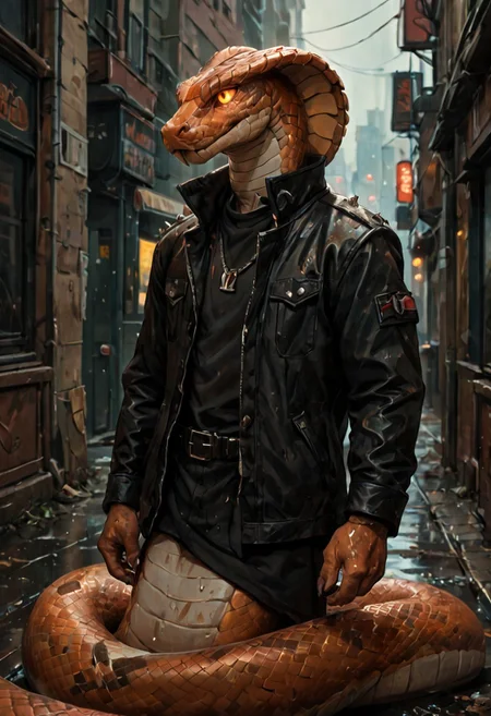 score_9, score_8_up, score_7_up, best quality, fine detail, stylized comic book drawing, 1boy, solo, wearing a large leather jacket with spikes and studs, (he is a snake), glowing eyes, (anthropomorphic_snakes_(naga)), in a wet Asian cyberpunk city, visually interesting, vivid colors, dark shadows, highest quality, <lora:OtherStyle_08-Merge5_06_04_02_02:1>