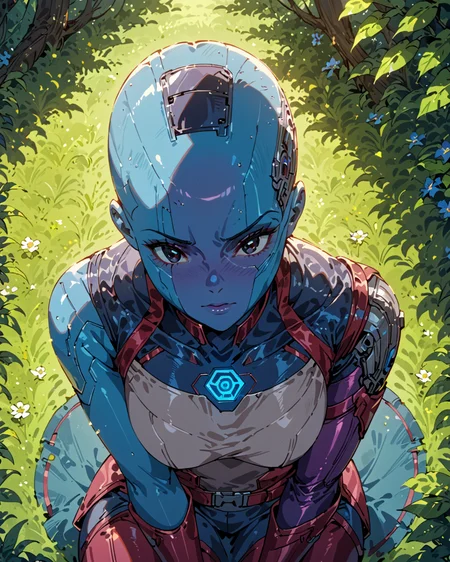 score_9, score_8_up, score_7_up, score_6_up, source_anime, rating_safe, ah1, 1girl, looking at viewer, (curvy), skindentation, thick thighs, wide hips, busty, voluptuous, lips, bad-hands-5, (A woman sitting on a bed with one knee up, the other leg stretched out, her hands resting on the bed behind her), (in A sun-dappled meadow at the edge of a forest, with wildflowers in full bloom and a gentle brook meandering through the grass), <lora:venus body PonyXL:0.8>, <lora:xl_more_art-full_v1:0.4>, <lora:shinyskin2:0.3> glistening skin, <lora:aesthetic_anime_v1s:0.4>, <lora:Expressive_H:0.4> Expressiveh, <lora:EpicF4nta5yXL:0.4>, <lora:detailxl:0.4> detailxl, <lora:Fant5yP0ny:0.4>, best quality, amazing quality, best aesthetic, absurdres, <lora:expressive eyes:0.4> expressive eyes, (Aerial view medium Close shot), <lora:eyedetailpxl:0.4> eyedetailpxl, illustration, Volumetric_Lighting, ultra-detailed, very aesthetic, intricate details, 8k, masterpiece, best_quality, <lora:NebulaPony:0.8> NEBULA, Vol3, marvel cinematic universe, guardians of the galaxy, ((((bald girl), black eyes, blue skin, colored skin))), cyborg, facial mark, mechanical arms, single mechanical arm,