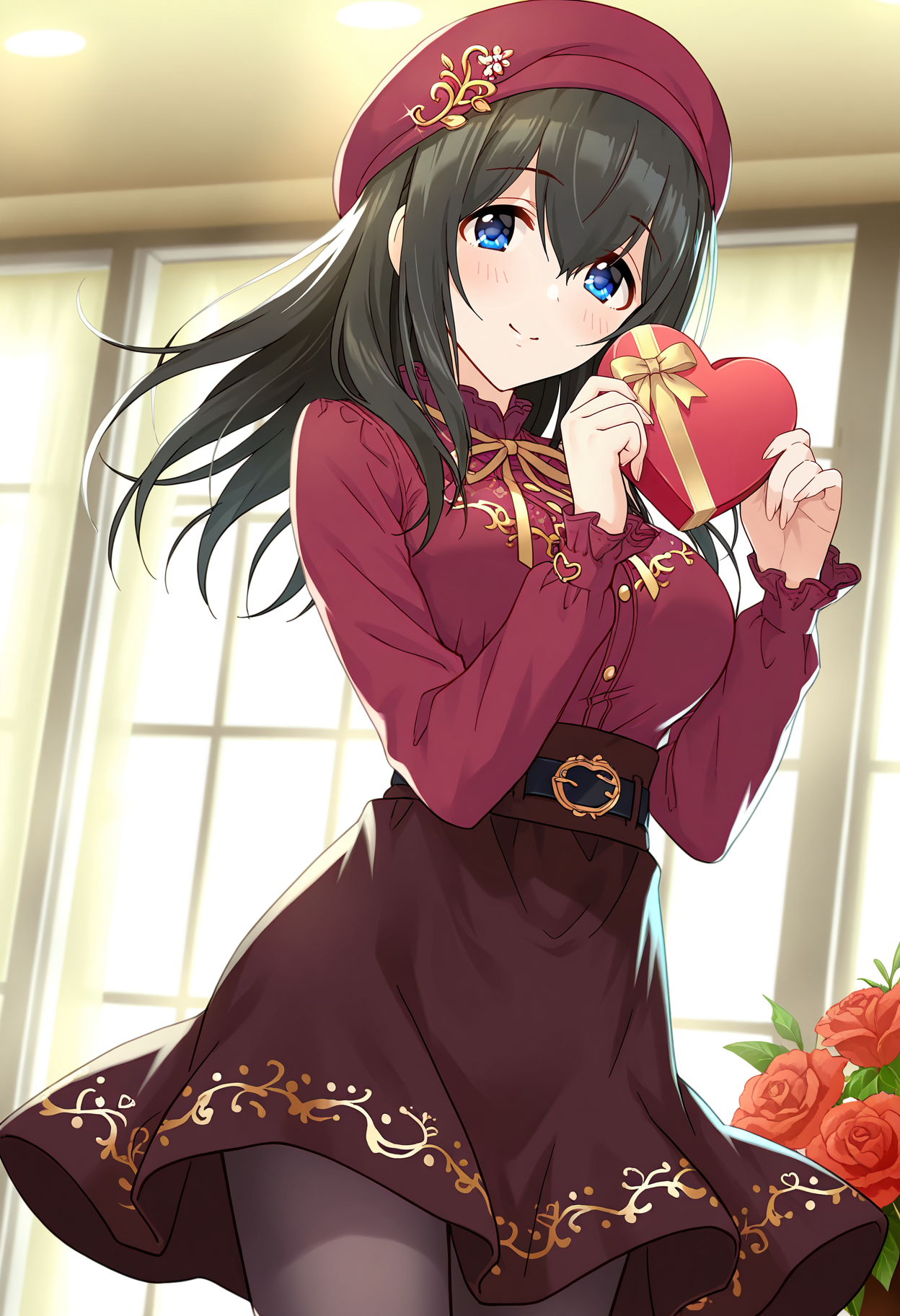 masterpiece, best quality, absurdres, highres,
idolmaster cinderella girls starlight stage, official art,
valentine,
sagisawa fumika, blue eyes, black hair, long hair, large breasts,
1girl, solo, blush, smile,
<lora:erisu barenntainn IL v1:0.65>,
red beret, hat ornament,
neck ribbon,
red collared shirt, long sleeves,
black belt,
brown skirt,
black pantyhose,
gold trim,
heart-shaped box,
indoors, red flower,
dutch angle,