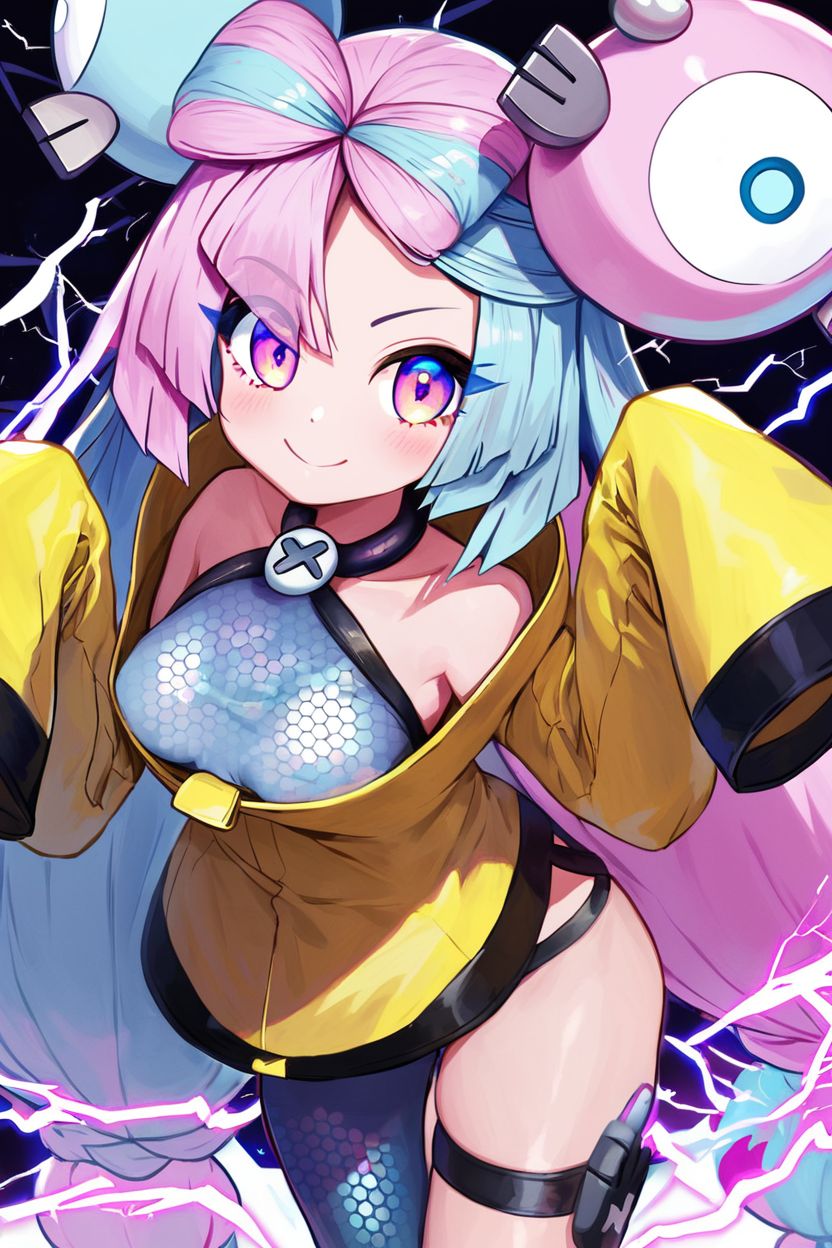 score_9, score_8_up, score_8, medium breasts, (curvy), cute, eyelashes,       zzionopokemon, solo, 1girl,  long hair, pink eyes, blue hair, pink hair, light blue hair, multicolored hair, bow-shaped hair, yellow jacket, sleeves past fingers, single leg pantyhose, thigh strap  smile, looking at viewer, cowboy shot,  electricity,   energy, glowing, swirling energy, dynamic pose,   <lora:Iono_Pokemon_P1:0.8>, <lora:RealisticAnime:0.8>,