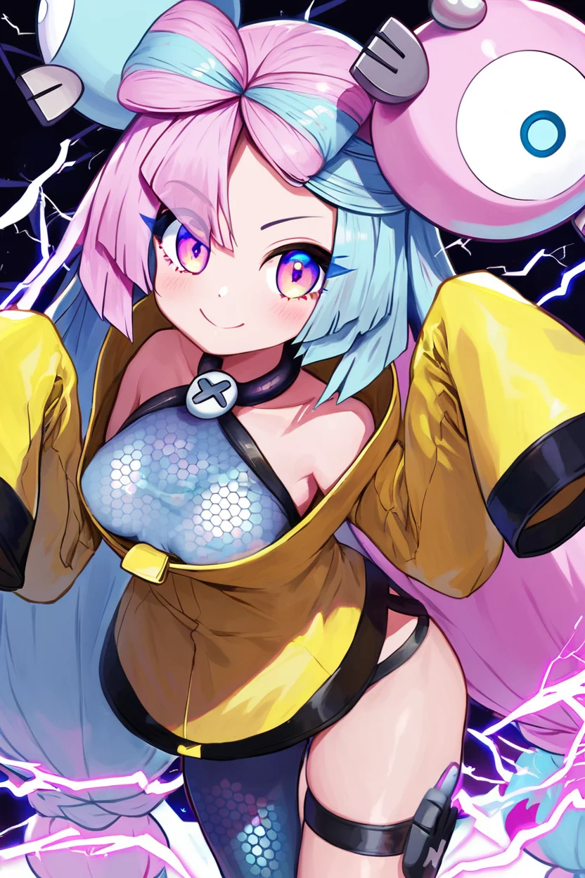 score_9, score_8_up, score_8, medium breasts, (curvy), cute, eyelashes, zzionopokemon, solo, 1girl, long hair, pink eyes, blue hair, pink hair, light blue hair, multicolored hair, bow-shaped hair, yellow jacket, sleeves past fingers, single leg pantyhose, thigh strap smile, looking at viewer, cowboy shot, electricity, energy, glowing, swirling energy, dynamic pose, <lora:Iono_Pokemon_P1:0.8>, <lora:RealisticAnime:0.8>,