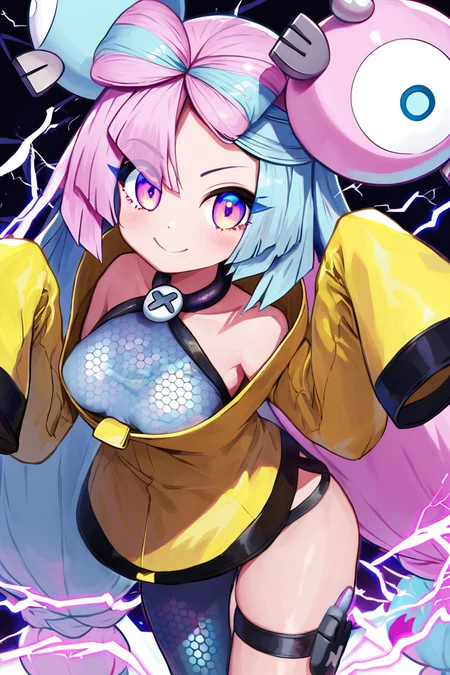 score_9, score_8_up, score_8, medium breasts, (curvy), cute, eyelashes, zzionopokemon, solo, 1girl, long hair, pink eyes, blue hair, pink hair, light blue hair, multicolored hair, bow-shaped hair, yellow jacket, sleeves past fingers, single leg pantyhose, thigh strap smile, looking at viewer, cowboy shot, electricity, energy, glowing, swirling energy, dynamic pose, <lora:Iono_Pokemon_P1:0.8>, <lora:RealisticAnime:0.8>,