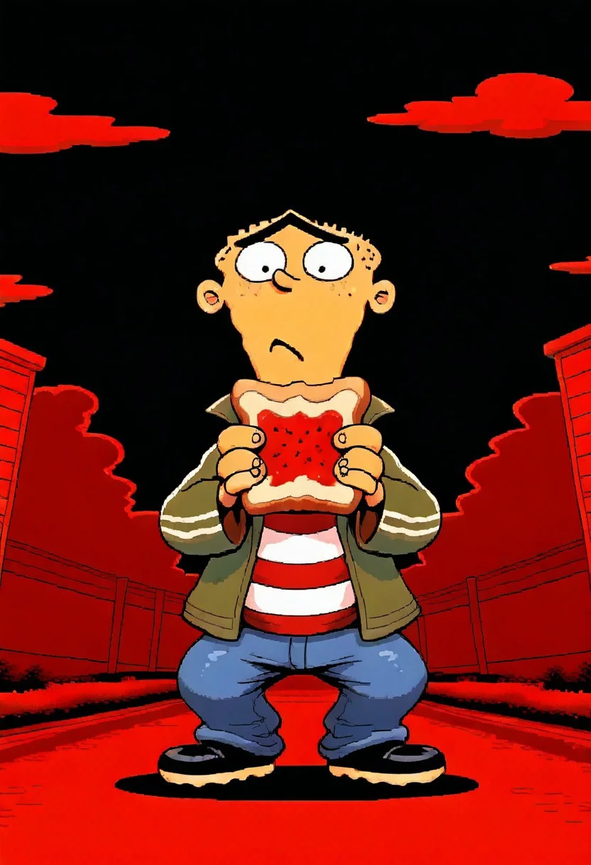 Masterpiece, absurdres, highest quality, highly detailed, newest, 8k, vbstyle, pixel art, red theme, edboi, mnbrow, closeup, solo, green jacket, red and white striped shirt, unibrow, blue jeans, black shoes, holding buttered toast , detailed suburban background, (closeup:1.3), detaied background,