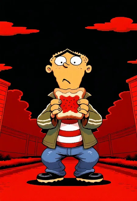 Masterpiece, absurdres, highest quality, highly detailed, newest, 8k, vbstyle, pixel art, red theme, edboi, mnbrow, closeup, solo, green jacket, red and white striped shirt, unibrow, blue jeans, black shoes, holding buttered toast , detailed suburban background, (closeup:1.3), detaied background,