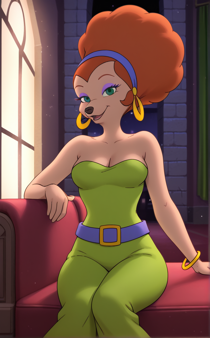score_9, score_8_up, score_7_up, sitting on throne, sitting, throne, throne room, straight-on, curtains, light particles, bokeh, loaded interior, indoors, solo, looking at viewer,  <lora:PONYXL_GoofyM_SylviaMarpole_ownwaifu:1>, BREAK GreenDressAfro_SylviaMarpole_ownwaifu, 1girl, animal nose, dog girl, furry female, green eyes, jewelry, orange hair, snout, bare shoulders, hoop earrings, makeup, short hair, purple hairband, afro, purple eyeshadow, sidelocks, cleavage, strapless dress, big hair, medium breasts, green dress, purple belt, lipstick, bangle, headband, green pants, strapless, curly hair, belt, collarbone, breasts, eyelashes, belt buckle, sleeveless, earrings, gold bracelet, gold earrings, hair ornament, hair ribbon, large breasts, loose belt, <lora:Expressive_H:0.15> <lora:add-detail-xl:0.15>,