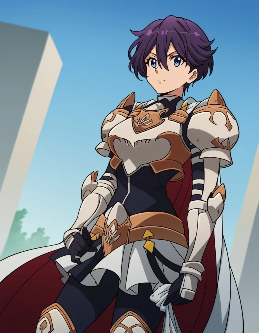 score_9, score_8_up, score_7_up, source_anime, <lora:beefeater-e-caty-s2-ponyxl-lora-nochekaiser:1>, beefeater e caty, short hair, purple hair, blue eyes, hair between eyes, medium breasts, skirt, gloves, cape, armor, shoulder armor, gauntlets,, laundry day, clothesline, drying clothes, domestic life, fresh air, blue sky, , , v,, solo,, cowboy shot, dutch angle