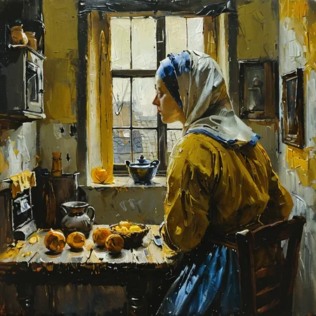 Painting of a mother working in the kitchen <lora:tbh122-sdxl:1> style of Jan Vermeer
