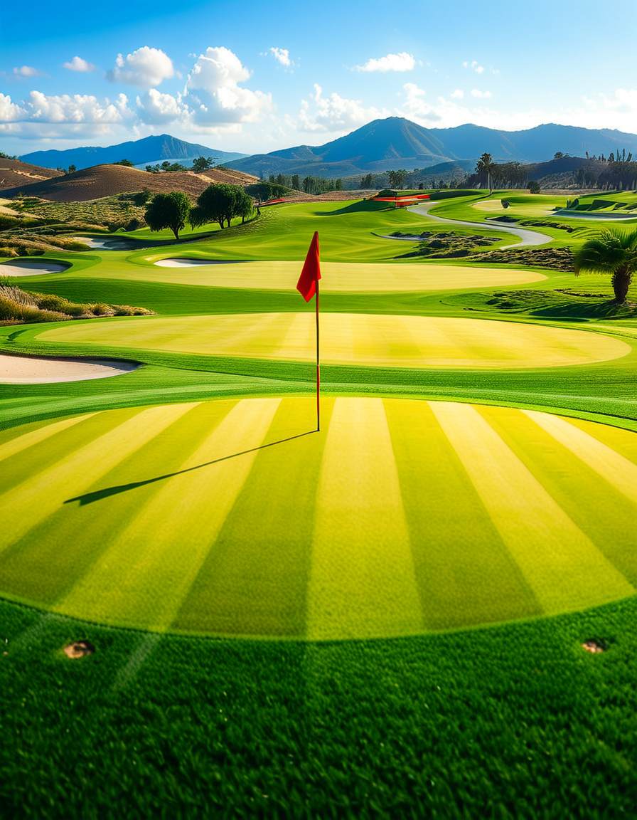 A stunning golf course captured in a high-resolution photograph, bathed in warm sunlight during the golden hour. The vast landscape features lush, perfectly manicured green fairways stretching into the distance, surrounded by rolling hills and scattered sand bunkers with smooth, raked surfaces. A crystal-clear water hazard reflects the sky, adding depth to the scenery. In the foreground, a pristine white golf ball rests on the neatly trimmed grass near a wooden tee marker. A red flag flutters gently atop a flagstick, marking the hole on the undulating green. Tall palm trees or majestic pines line the course, casting long shadows. The background showcases a breathtaking view of distant mountains or a serene blue ocean, enhancing the sense of tranquility and luxury. The sky is a brilliant shade of blue with soft, wispy clouds. The overall composition exudes elegance, precision, and the beauty of nature, capturing the essence of a world-class golf course.
<lora:SDXLFaeTastic2400:0.4> <lora:extremely_detailed:0.4> extremely detailed,<lora:golf_course:1>,golf c0urs3, Masterpiece,best quality,hi res,8k,hi res,8k,award winning,(sharp focus, intricate, highly detailed),