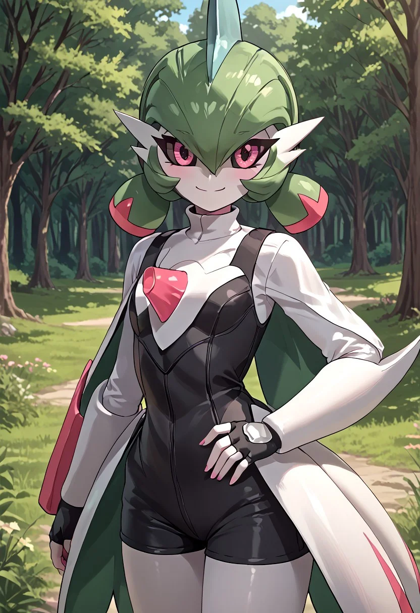 score_4,score_5,score_6,score_7_up,score_8_up,score_9 ((masterpiece,best quality,ultra detailed,highres,HD,4k:1.2)),
1 girl,solo,face focus,
((ironvaliantsv,pokemon (creature), solo,colored skin, white skin:1.2)),
green hair,low twintails,pink eyes,colored sclera,
cape,shirt,sleeveress shirt,fingerless gloves,shorts,black shorts,jewelry,
outdoors,in the forest,day,
standing,
smile,.blush,light smile,