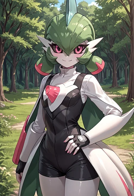score_4,score_5,score_6,score_7_up,score_8_up,score_9 ((masterpiece,best quality,ultra detailed,highres,HD,4k:1.2)),
1 girl,solo,face focus,
((ironvaliantsv,pokemon (creature), solo,colored skin, white skin:1.2)),
green hair,low twintails,pink eyes,colored sclera,
cape,shirt,sleeveress shirt,fingerless gloves,shorts,black shorts,jewelry,
outdoors,in the forest,day,
standing,
smile,.blush,light smile,