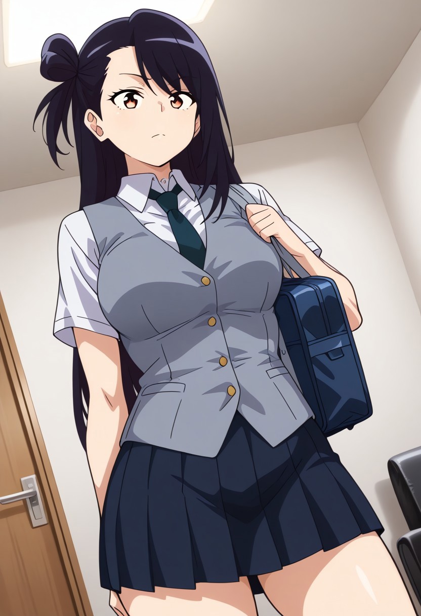 incredibly absurdres,masterpiece,absurdres,high quality,volumetric light,(very aesthetic),1girl,ritsuki,brown eyes,long hair,black hair,single hair bun,school uniform,school bag,skirt,shirt,vest,necktie,school socks,school shoes,sexy thighs,upper body,volumetric light,standing,posing,friendly,indoors,living room,cowboy shot,dutch angle