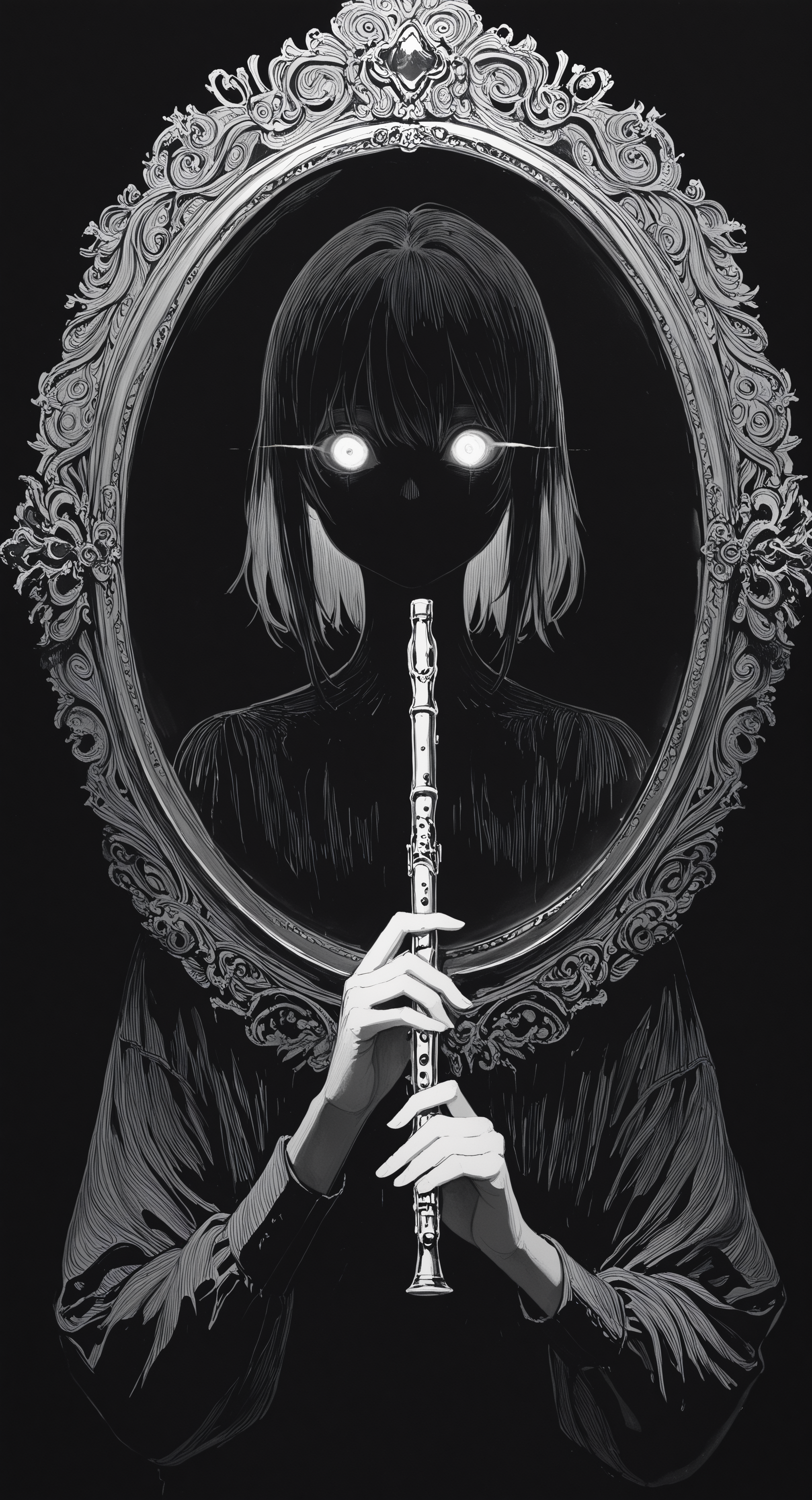 masterpiece, best quality, good quality, very awa, newest, highres, absurdres,  solo, looking at viewer, simple background, holding, upper body, monochrome, greyscale, hand up, glowing, traditional media, black background, 1other, instrument, glowing eyes, mirror, holding instrument, blank eyes, horror \(theme\), flute, hand mirror, holding mirror, limited palette, sketch, glowing, psychedelic, <lora:illustriousXL_stabilizer_v1.23:0.3> <lora:NOOB_vp1_detailer_by_volnovik_v1:0.3> <lora:ponyv6_noobE11_2_adamW-000017:0.3> <lora:114558v4df2fsdf5:0.6> <lora:mon_monmon2133:0.5>