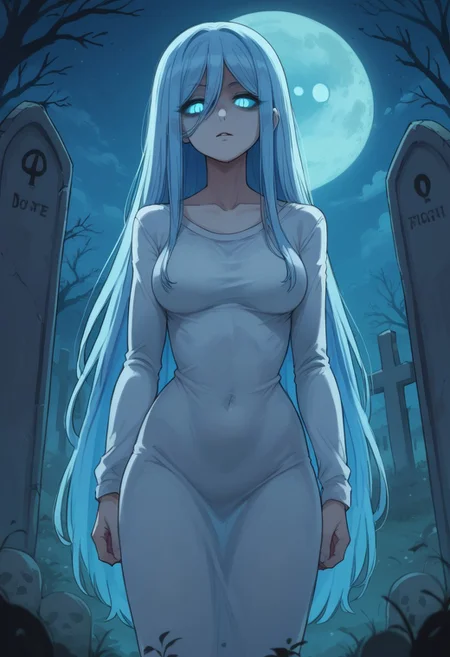 score_9, score_8_up, score_7_up, score_6_up, source_anime, ultra quality, clear lines, look at viewer, (/anime style), ghost girl, glowing hair, long hair, glowing eyes, cemetery, night, ghost, horror