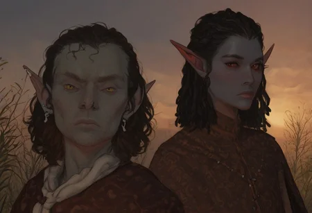 solo, short pointy ears, full body, piercings, random elf face, aquiline features, male dark elf, masculine, facial hair, brow rings, beaded piercings, weathered skin, blue-grey skin, chiseled features, large nose, insect chitin armor, insect chitin helmet, insect chitin ornaments, stylized insect pattern, athletic build, animated realism, zoomed out, Syrian features, torso, yurts, tents, native camp, elegant berber tapestries, dead desert trees, ash dunes, distant volcano, ashy soil, grey green foliage, distant grey hills, sunrise, gloomy lighting, grey fabric awnings, dark wood posts, light dust clouds, grey-blue skin, mahogany and ivory clothes, medium armor, bone plate armor, ivory straps and fittings, alien bone ornaments, grey wood neckguard, red sclera, black pupils, blue-green light, neon, highly detailed, defined features, looking at viewer, three quarters view, from side, dynamic lighting, 29 years old, light and shadows, patterned cloth, annoyed expression, expressive eyes, detailed medieval clothes, short hair, wavy hair, thick hair, beaded hair, braided hair, under cut hair, semirealistic, alien elf, spanish features, jewish features, black hair, dark red hair, umber skin, sharp features, pastel green inuit print cloak, nighttime, high detail, absurdres, pretty eyes, detailed eyes, yellow eyes,
