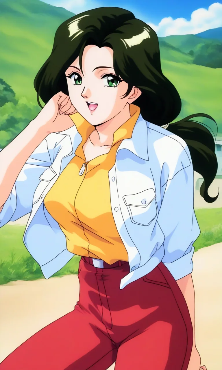 general,highres, ultra-detailed,very aesthetic,best quality ,best hands, BREAK <lora:Sakurai_Sensei_Injuu_Seisen_Ver2.0_IS:1>
Sakurai_Sensei, 1girl, solo, dark green hair, long hair, green eyes, large breasts, low ponytail, lips,1990s (style), anime coloring, BREAK,
smile,looking at viewer, cowboy_Shot, open mouth, closed jacket, button,
down arms,
Yellow shirt, white jacket, red pants, long pants,
outdoor, day,, general,highres, ultra-detailed,very aesthetic,best quality ,best hands,