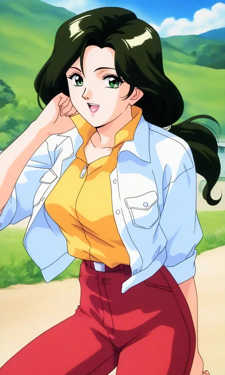 general,highres, ultra-detailed,very aesthetic,best quality ,best hands, BREAK <lora:Sakurai_Sensei_Injuu_Seisen_Ver2.0_IS:1>
Sakurai_Sensei, 1girl, solo, dark green hair, long hair, green eyes, large breasts, low ponytail, lips,1990s (style), anime coloring, BREAK,
smile,looking at viewer, cowboy_Shot, open mouth, closed jacket, button,
down arms,
Yellow shirt, white jacket, red pants, long pants,
outdoor, day,, general,highres, ultra-detailed,very aesthetic,best quality ,best hands,