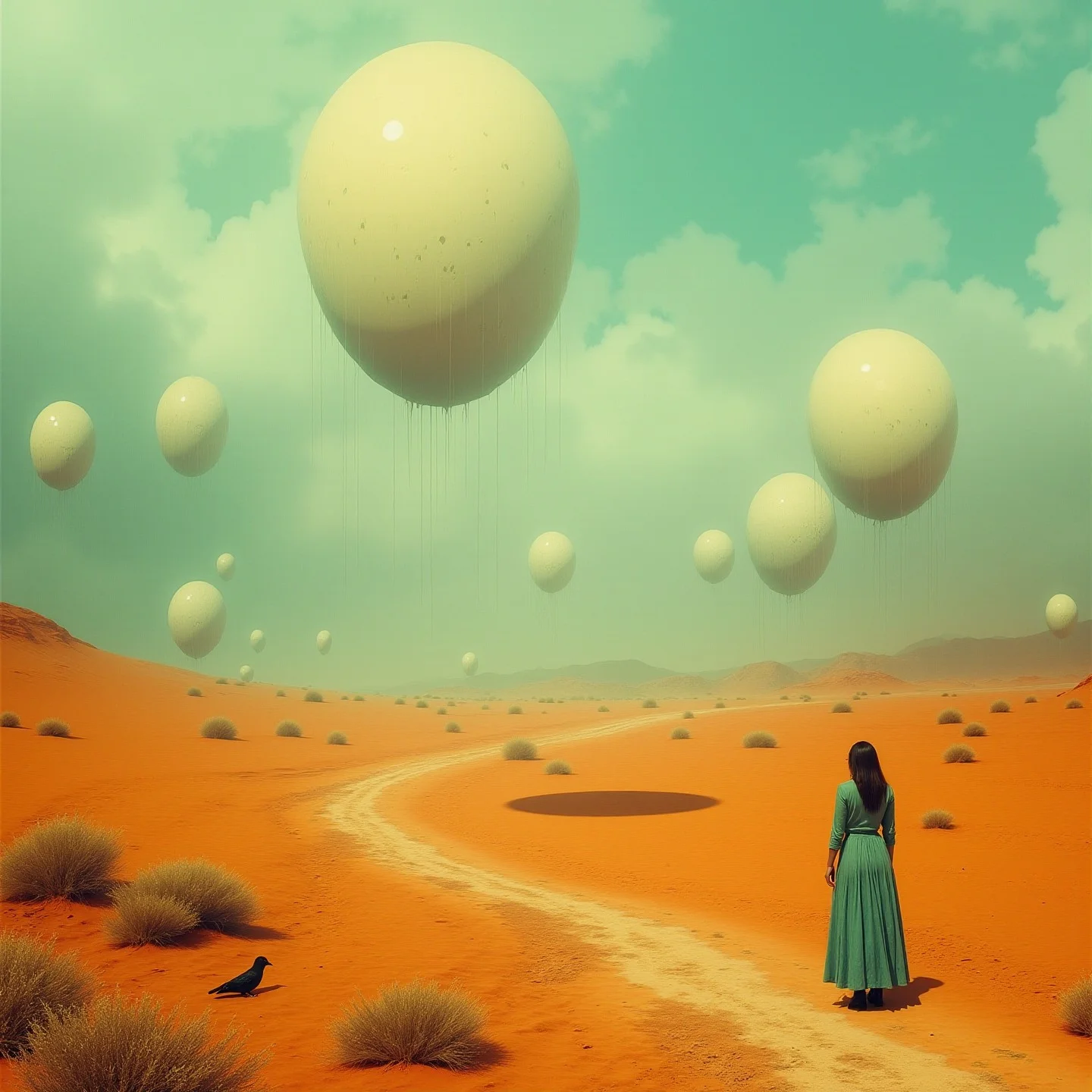 <lora:Florate Flux_v2_epoch_3:0.9> A hot Austrian stretched Surrealism light-toned photograph of russet and sand and turquoise scene with many pale bulbous organic shapes. rainy desert butte landscape. Sparrow. People, animals and characters are elongated.