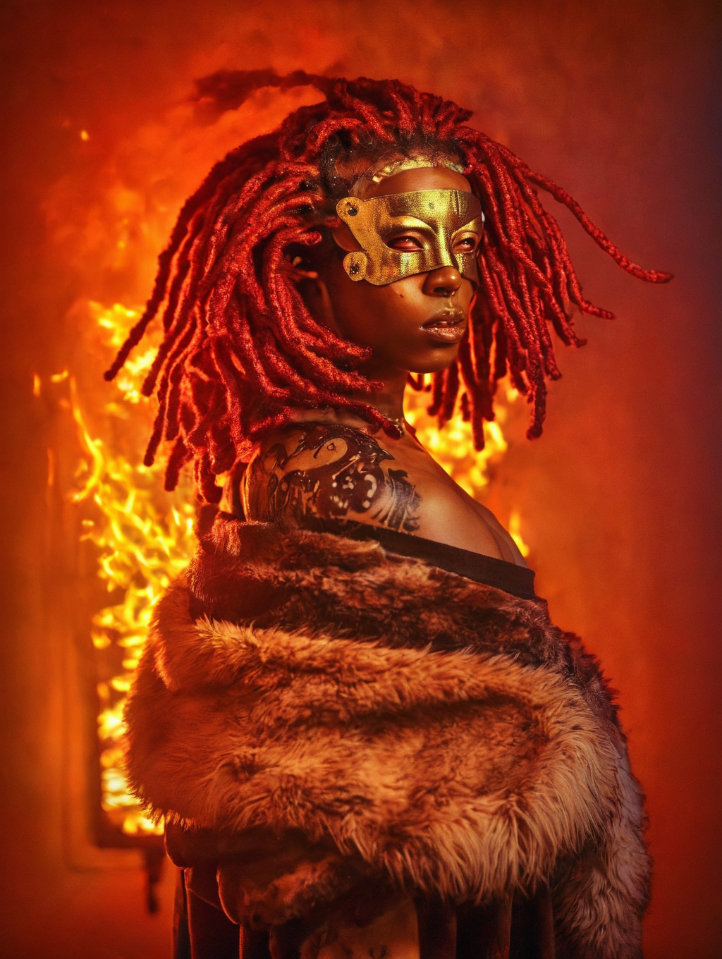 harisnukemXL,  photography of a a woman in a fur coat and mask, red dreadlocks, fire light, afrofuturistic, looking a the viewer, shoulder portrait, <lora:Haris_Nukem_Style_XL:1>