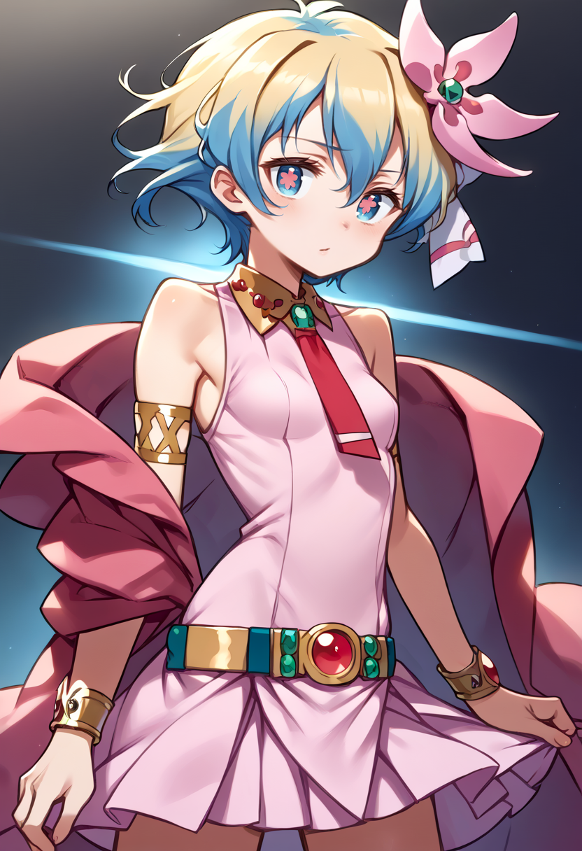 score_9, score_7_up, source_anime, BREAK solo, <lora:NiaS1:1> nias1, 1girl, blue eyes, symbol-shaped pupils, short hair, blonde hair, blue hair, two-tone hair, small breasts, skirt, hair ornament, Pink dress, jewelry, hair flower, sleeveless dress, red necktie, bracelet, armlet, belt, <lora:kuroboshi_kouhaku_PonyXL_style_v01:1>
