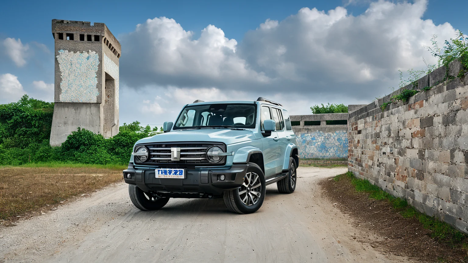 a blue gwm txxx parked on a dirt road near a large concrete structure or a stone wall, with a cloudy sky in the background. beautiful, hd, 8k, (photographic:1.5), magnificent, grandiose, mac os wallpaper <lora:GWMTank300_V2.0:1>