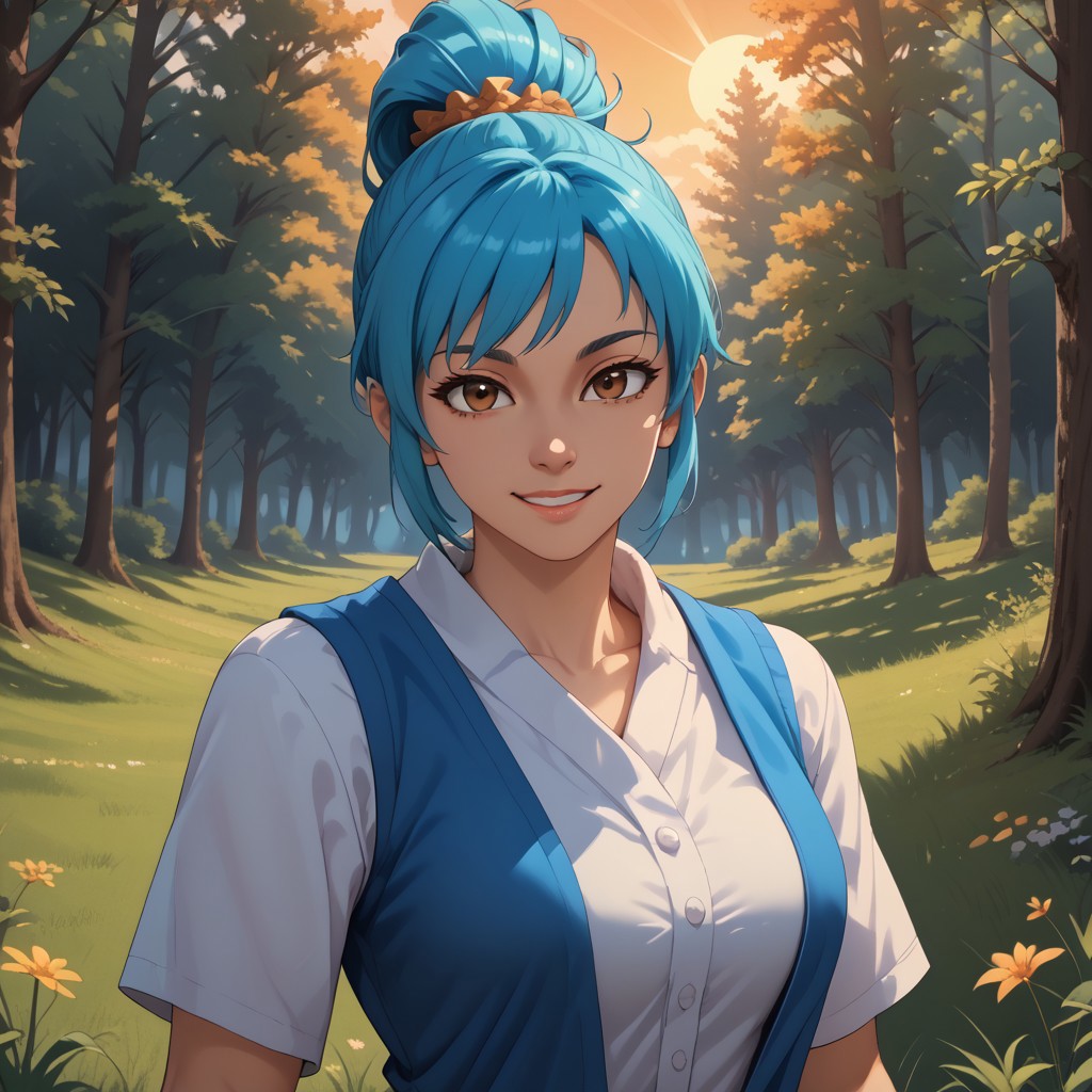 score_9, score_8, BREAK, solo, Rena, blue hair, ponytail, hair tie, brown eyes, sexy pose, self portrait, smile, outdoors, sunlight, shadows, evening lighting, natural lighting, forest, trees, grass, orange sky, sunset