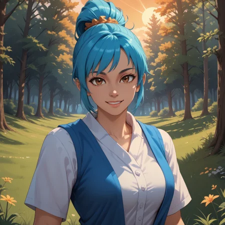 score_9, score_8, BREAK, solo, Rena, blue hair, ponytail, hair tie, brown eyes, sexy pose, self portrait, smile, outdoors, sunlight, shadows, evening lighting, natural lighting, forest, trees, grass, orange sky, sunset