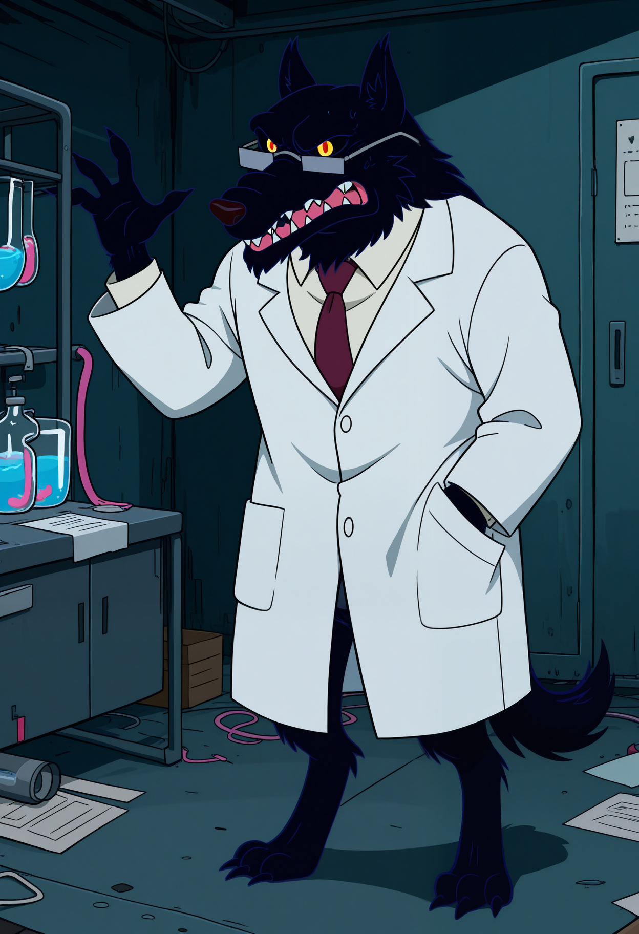 masterpiece,best quality,amazing quality, 1boy, solo, w0lv3s, wolf, black fur, colored sclera, red eyes, lab coat, collared shirt, red tie, full body, glasses, 