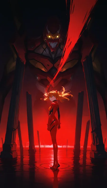 (masterpiece, best quality), best score, best anatomy, ultra deitailed, amazing quality, very aesthetic, absurdres, highres, newest, HDR, 8K, high detail RAW color art, high contrast, bright face, large pupil, eyelashes, brilliant skin, shiny skin,
1girl, solo, souryuu asuka langley, blue eyes, orange hair, long hair, twintails, dynamic poses, stunning colors, effects, 00 renderer, evangelion mecha, (eva 02), huge mechas in the background, evagod, evangelion mecha, science fiction, reflection, bloom, too many pillar of blood light, looking at viewer, (official art, Best), illustration, high res, beautiful abstract background, Futurism, cyberpunk, intense angle, <lora:748cmSDXL:0.5>, <lora:薄塗り:0.25>, <lora:ponyv5_noobV065S_1:0.6>, <lora:spo_sdxl_10ep_4k:0.6>, <lora:MeMaXL4:0.8> <lora:GBF_Illustrious:0.4>