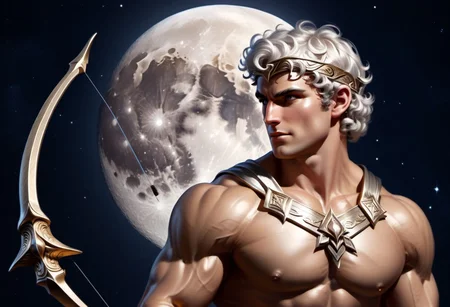4k, digital art, semi realistic, fantasy, best quality, masterpiece, very detailed, wide camera angle, dynamic camera angle, dynamic pose, side view, profile side, seen from the side, close up, portrait of a male bodybuilder, 20 years old, pale skin, platinum hair, curly hair, short hair, wearing a silver headband, very handsome, silver eyes, big eyes, anime eyes, defined eyes, defined eyebrows, greek god, greek warrior, wearing a silver tunic, with a bow and arrow, ancient greece, shooting an arrow, night sky on the background, big moon (cinematic light, volumetric), splash art,