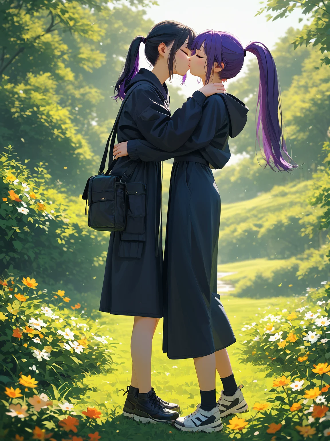score_9, score_8_up, score_7_up, PDXL, <lora:sc3n3ryXLP:0.5>, <lora:TechwearV1:0.75> , techwear, dark clothing, full body,
((1girl:cute face, closed eyes. long black hair, ponytail)) BREAK ((1girl:cute face, closed eyes, short purple hair, blue eyes)) BREAK 2girls kissing, romantic