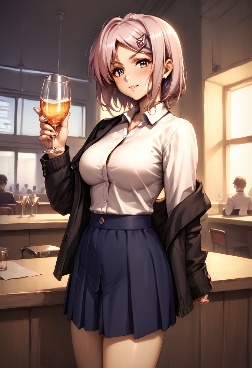 score_9,  score_8_up, score_7_up , rana,n hairclip, office lady,
1girl, light blush, drinking glass, bar, dim lighting