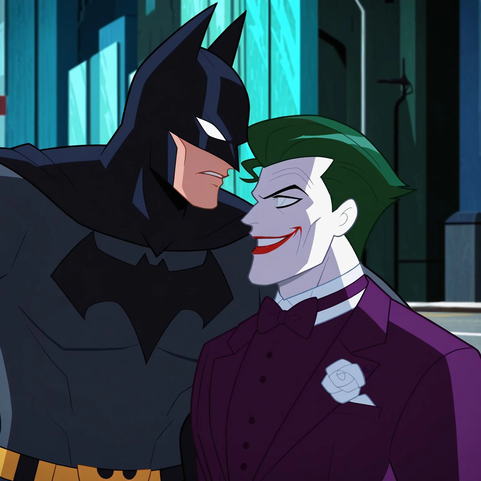 jla_style, batman, suit, mask, white eyes, BREAK, joker, white skin, green hair, suit, fighting, 2boys, side profile, multiple boys