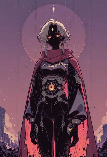 akira style,Comic panel illustratio A female, Amidst the clearing skies of Neo-Tokyo's dystopia, a formidable female psychic emerges, her body adorned in a black bodysuit, stark against the city's recovering silhouette. The remnants of a red cape, frayed and weathered, wrap around her, fluttering in the serene breeze of a newfound calm. Radiating a potent aura of raw energy, she embodies the aftermath of chaos, now subdued. The air around her shimmers with the residual charge of her vast power. Beneath the serene sky, her aura glows with powerful force, a visual testament to her telekinetic supremacy that once bent the very fabric of reality amidst the city's ruins. Her expression, etched with fierce determination, captures the iconic essence of 'Akira's' espers—a paragon of human potential reaching its zenith, bathed in the gentle light of a world reborn, orange sphere in the background