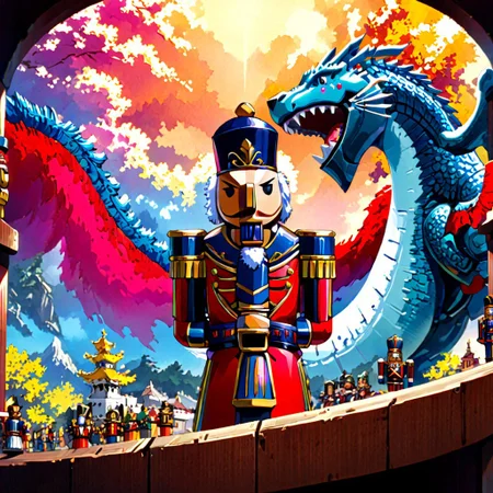 nutcracker, retanime, Mike Deodato, midjourneyv6.1, hyper-detail, hyper-realism, cinematic, intricate detail, detailed background, masterpiece, best quality, high quality, highres, absurdres, very detailed, high resolution, sharp, sharp image, aesthetic, Score_9, score_8_up, score_7_up, score_6, source_anime, vibrant, colorful, retro_artstyle, 1990s_(style), classic dragon, wooden, with coloring like a nutcracker