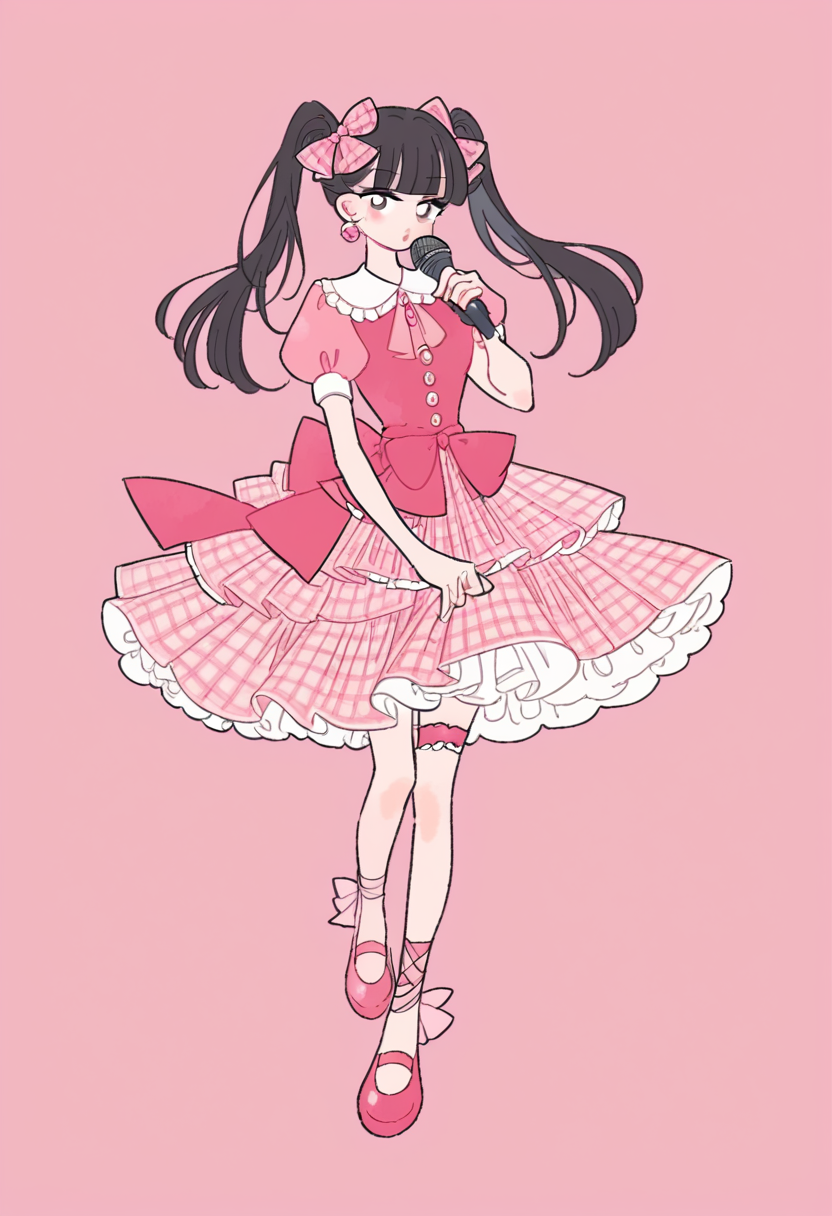 score_9, score_8_up, score_7_up, score_6_up, source_anime, <lora:rikuwo_v0.3-pony:1>
1girl, long hair, skirt, simple background, shirt, black hair, dress, bow, twintails, jewelry, standing,  short sleeves, hair bow, earrings, frills, shoes, puffy sleeves, blunt bangs, puffy short sleeves, plaid, thigh strap, pink background, pink bow, pink dress, pink skirt, pink footwear, leg ribbon, holding microphone,